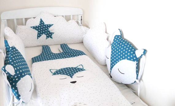 Tour De Lit Coussins Nuages Et Petits Renards Bleu Petrole Etsy