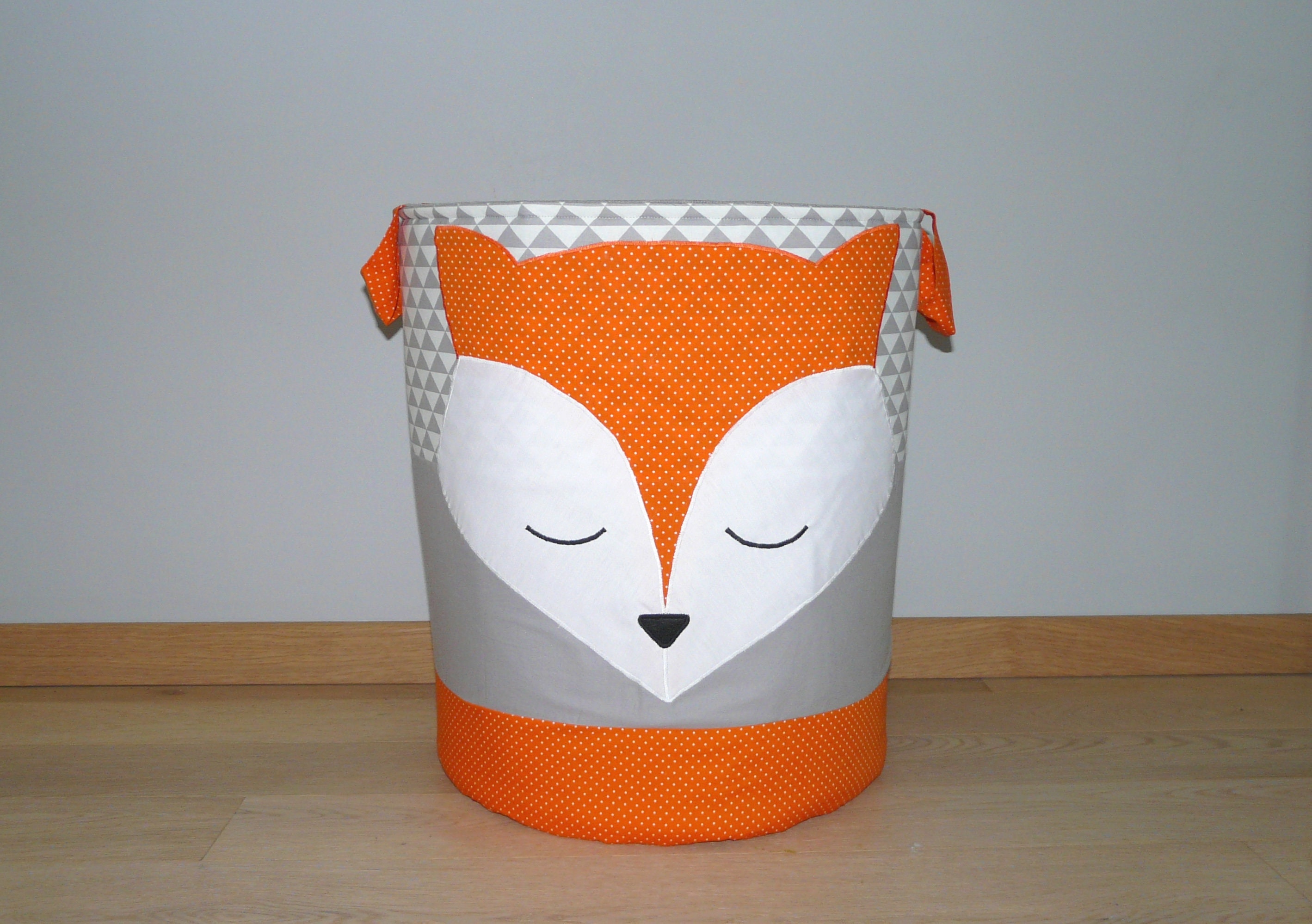 Grand Panier à Linge ou Jouets, Petit Renard, Gris Clair, Blanc et Orange