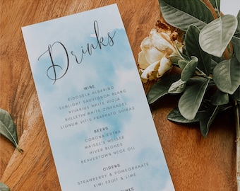 Drinks Menu, Editable Template Instant Download Blue Watercolor Drinks Menu, Blue Watercolour Wedding Menu