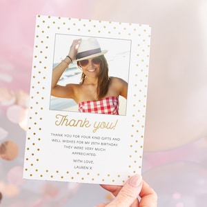 Biglietto di ringraziamento compleanno, modello modificabile Download immediato 5 x 7 biglietto di ringraziamento, biglietto di ringraziamento compleanno oro, biglietto di ringraziamento fotografico