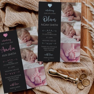Nouvelle carte d'annonce de naissance de bébé, modèle modifiable Téléchargement instantané 5 x 7 Annonce de naissance de nouveau bébé Merci, bébé garçon, bébé fille