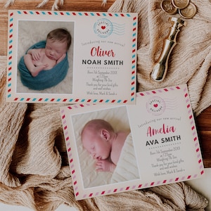 Nouvelle carte d'annonce de naissance de bébé, modèle modifiable Téléchargement instantané 5 x 7 Annonce de naissance de nouveau bébé Merci, bébé garçon, bébé fille