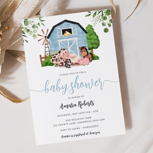 Watercolour Blue Barnyard Baby Shower Invitation, Editable Template Instant Download 5 x 7&quot;  Blue Farm Baby Shower Invitation