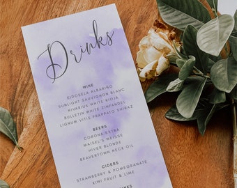 Drinks Menu, Editable Template Instant Download Lilac Watercolor Drinks Menu, Purple Watercolour Wedding Menu