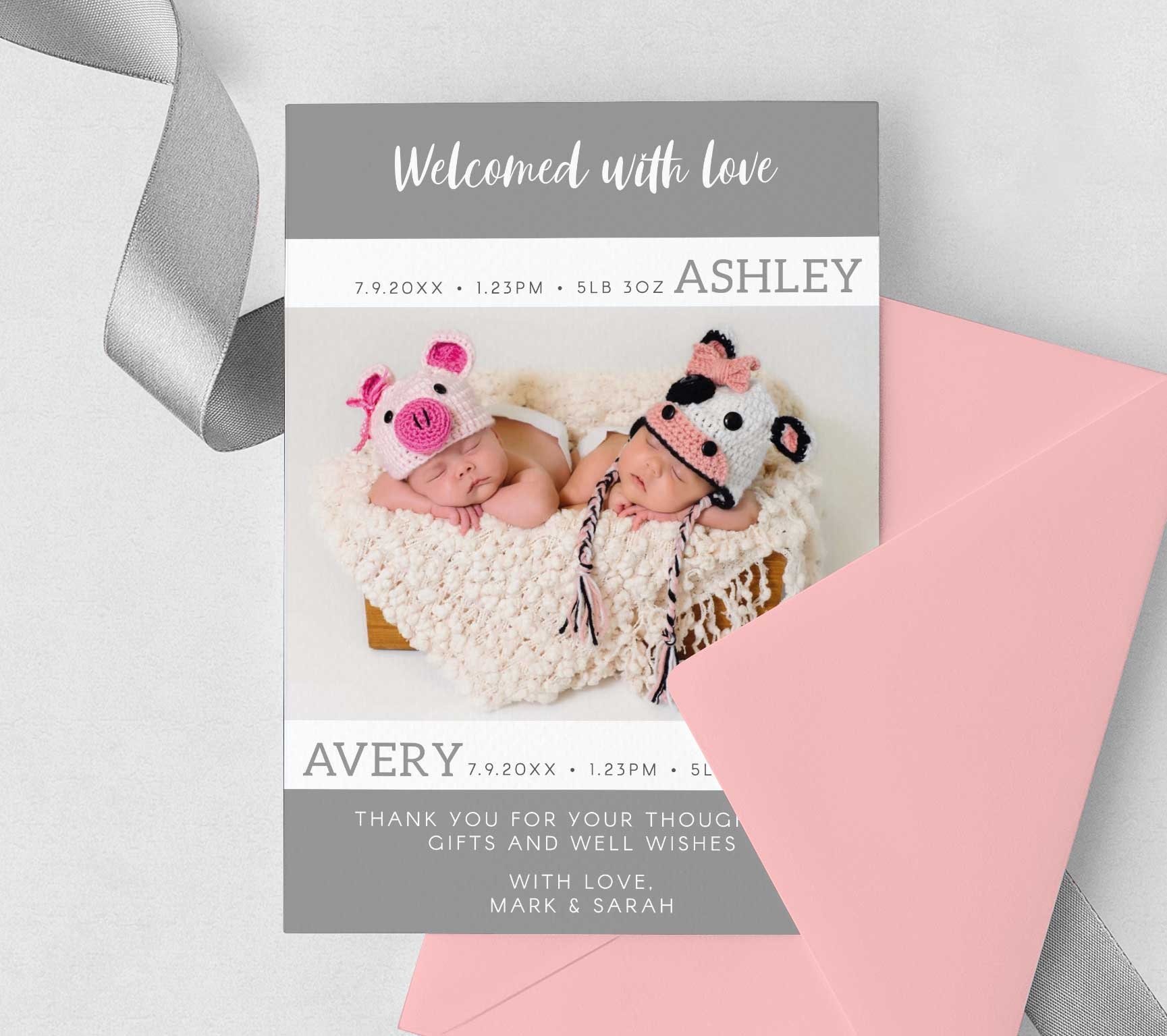 Twins Birth Announcement Card Editable Template Instant Etsy