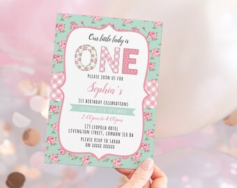 1st Birthday Invitation, Editable Invitation Instant Download 5 x 7 Shabby Chich Girls 1st Birthday Invitation, Girls Birthday Party Invite