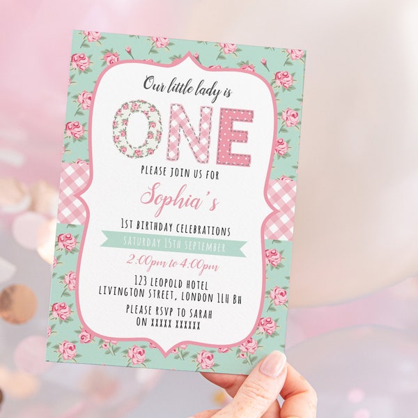 1st Birthday Invitation, Editable Invitation Instant Download 5 x 7 Shabby Chich Girls 1st Birthday Invitation, Girls Birthday Party Invite