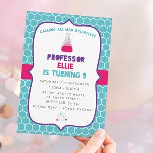 Wetenschap verjaardagsuitnodiging, bewerkbare sjabloon Instant Download 5 x 7 wetenschapper professor meisjes verjaardagsfeestje uitnodiging