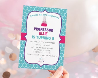 Science Birthday Invitation, Editable Template Instant Download 5 x 7 Scientist Professor Girls Birthday Party Invitation