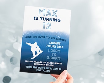 Snowboarding Birthday Invitation, Editable Template Instant Download 5 x 7 Snowboarding Birthday Party Invite, Teen Birthday Party