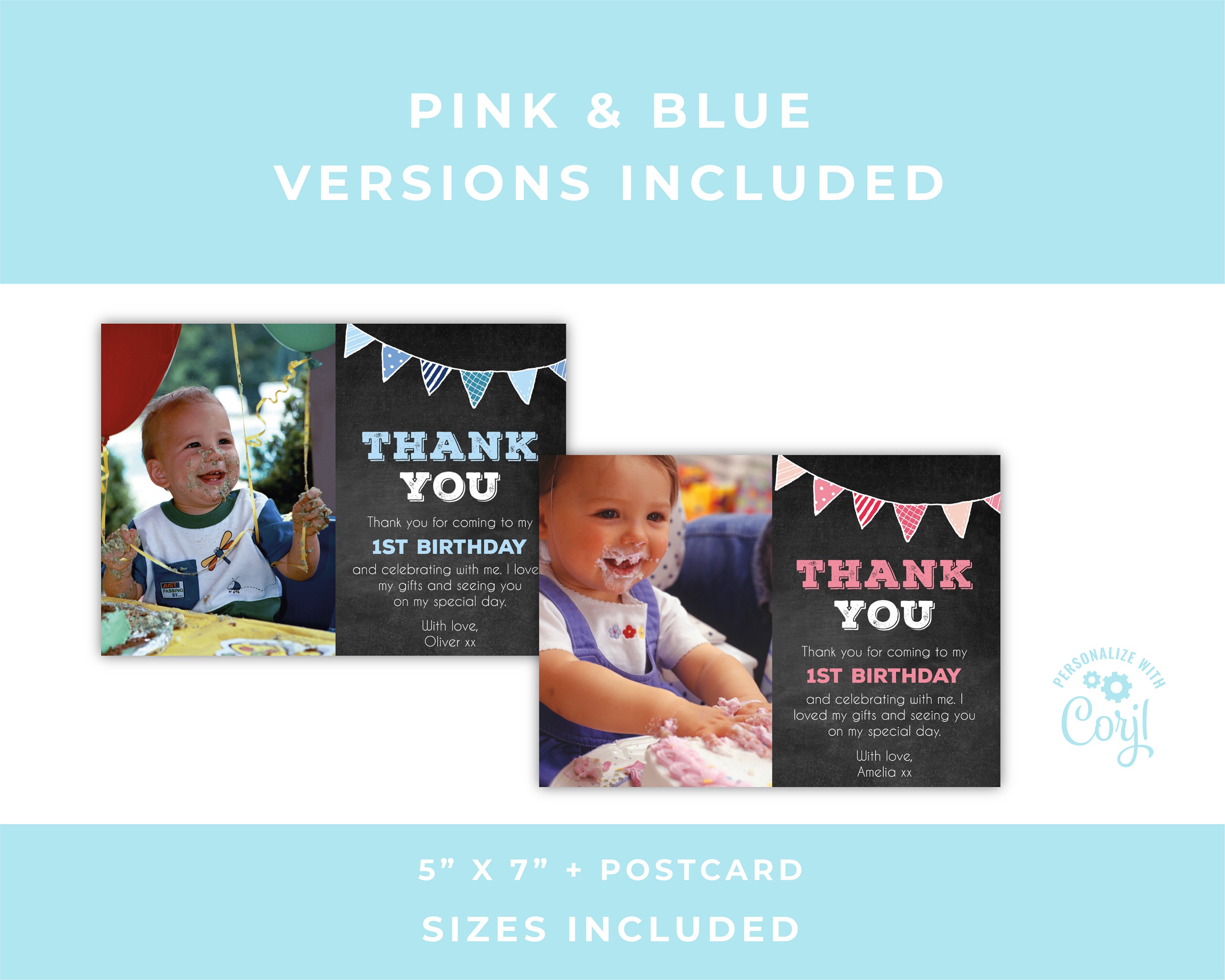 Birthday Thank You Card, Editable Template Instant Download 5 X 7 Kids ...