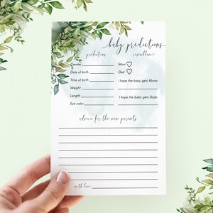 Prédictions de bébé jeu de douche de bébé thème verdure, jeux de fête de douche de bébé, douche de bébé aquarelle, jeu de cartes de conseils 5 x 7