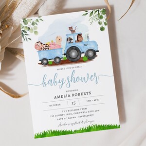 Invitación de baby shower de acuarela azul Barnyard, plantilla editable Descarga instantánea 5 x 7" Invitación de baby shower de granja azul
