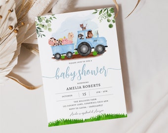 Watercolor Tractor Baby Shower Invitation: Blue Barnyard Animals (Editable Template, Digital Download)
