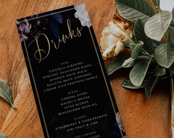 May include: A black and gold drinks menu with a floral design. The menu lists wine, beer, cider, and soft drinks.