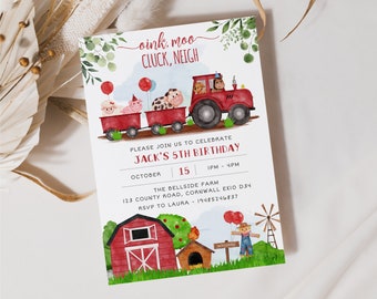 Watercolor Farm Birthday Invitation: Red Tractor, Barnyard Animals (Editable Template)
