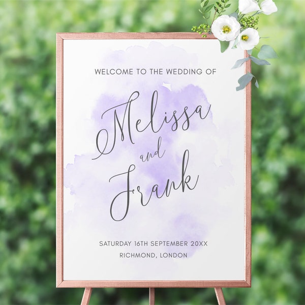 Wedding Welcome Sign, Editable Party Decoration Wedding Sign Instant Download A2 A1, Lilac Watercolor Wedding Welcome Sign