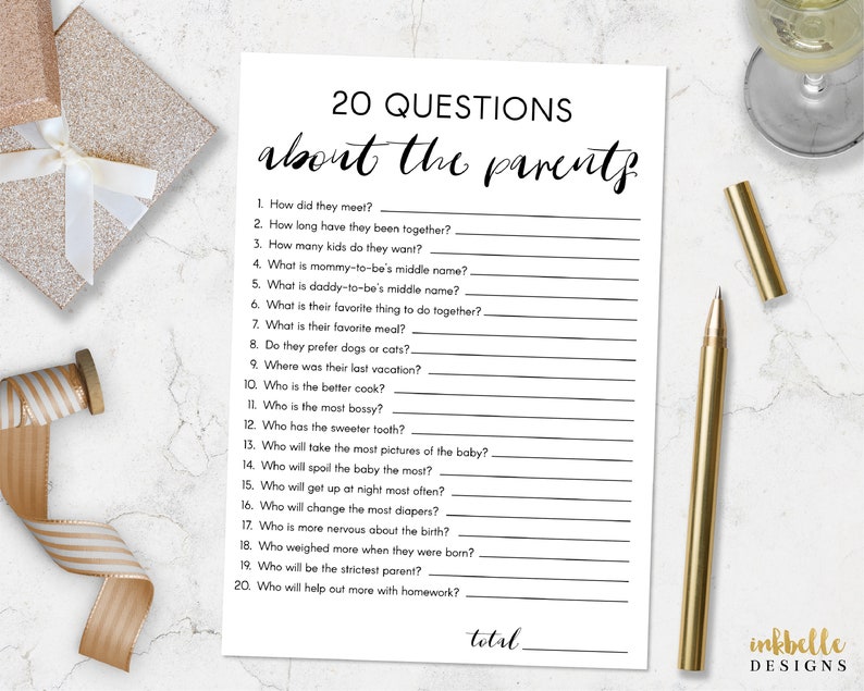 20 Questions Baby Shower Game Minimalist Theme, Baby Shower Party Games