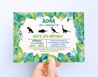 May include: Green and blue watercolor dinosaur birthday party invitation with the text "Roar like a dinosaur for Ben's 9th birthday". The invitation includes the date, time, and location of the party.