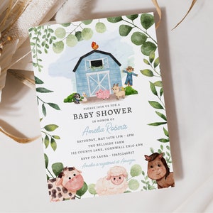 Watercolour Blue Barnyard Baby Shower Invitation, Editable Template Instant Download 5 x 7&quot;  Blue Farm Baby Shower Invitation