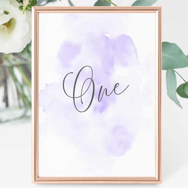 Table Numbers, Editable Party Decoration Wedding Table Number Instant Download 5 x 7 Purple Watercolor Wedding Table Number