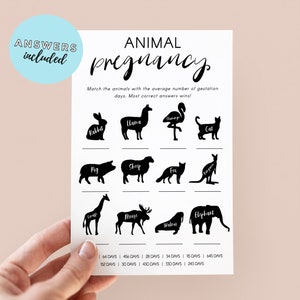 Animal Pregnancy Baby Shower Game Minimalist Theme, Baby Shower Party Games, Minimalist Baby Shower, 5 x 7 Animal Gestation Game