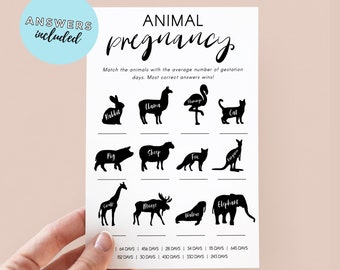 Animal Pregnancy Baby Shower Game Minimalist Theme, Baby Shower Party Games, Minimalist Baby Shower, 5 x 7 Animal Gestation Game