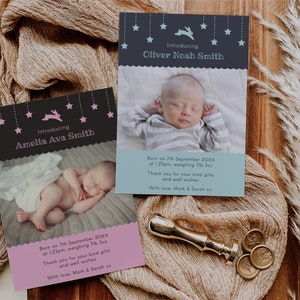 Carte d'annonce de naissance, modèle modifiable Téléchargement instantané 5 x 7 Annonce de bébé Merci, bébé garçon, bébé fille