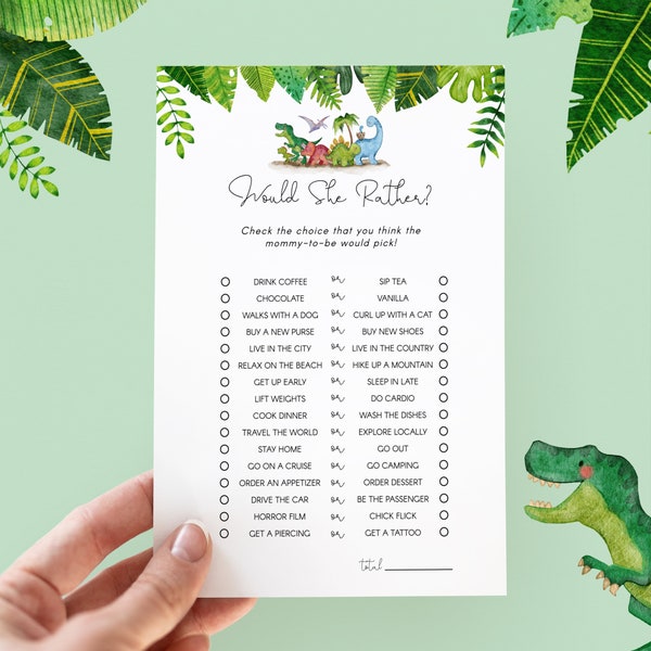 Would She Rather Shower Game Dinosaur Theme, Baby Shower Party Games, Dinosaur Baby Shower, 5 x 7 Party Games, Bridal Shower Games BS3001