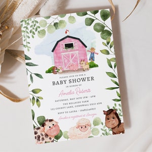 Aquarel roze boerenerf baby shower uitnodiging, bewerkbare sjabloon Instant Download 5 x 7" roze boerderij baby shower uitnodiging