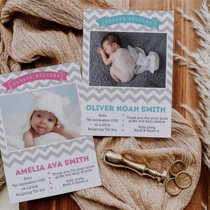 Nueva tarjeta de anuncio de nacimiento de bebé, plantilla editable Descarga instantánea 5 x 7 Nuevo anuncio de nacimiento de bebé Gracias, niño, niña