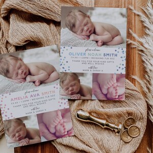 Nueva tarjeta de anuncio de nacimiento de bebé, plantilla editable Descarga instantánea 5 x 7 Nuevo anuncio de nacimiento de bebé Gracias, niño, niña