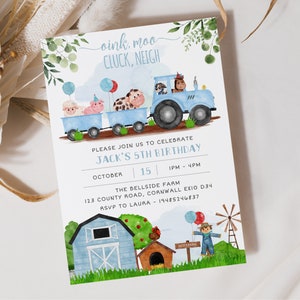 Watercolour Blue Barnyard Birthday Party Invitation, Editable Template Instant Download 5 x 7&quot;  Blue Farm Birthday Invitation