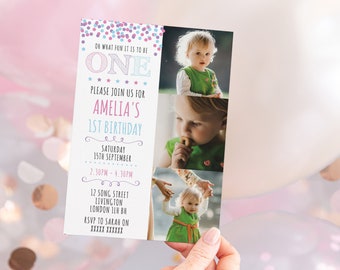 Girls 1st Birthday Photo Invitation: Editable Confetti Design (Digital Download)