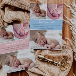Modèle de carte d'annonce de naissance, modèle modifiable Téléchargement instantané 5 x 7 carte de remerciement d'annonce de nouveau bébé, bébé garçon, bébé fille