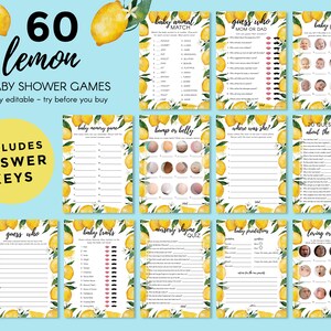60+ Lemon Editable Baby Shower Game Bundle, Baby Shower Party Games, Lemon Baby Shower, 5 x 7 Baby Shower Editable Party Games