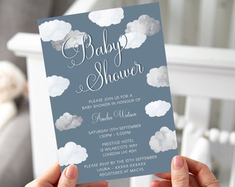 Baby Shower Invitation, Editable Template Instant Download 5 x 7 Rain Cloud Blue Baby Shower Invitation