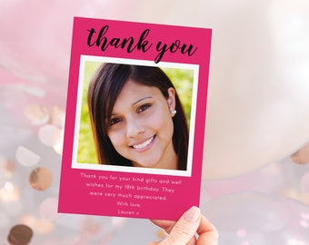 May include: Pink thank you card with a photo of a young woman smiling. The card says "thank you" in black cursive lettering and includes the text "Thank you for your kind gifts and well wishes for my 18th birthday. They were very much appreciated. With love, Lauren x".