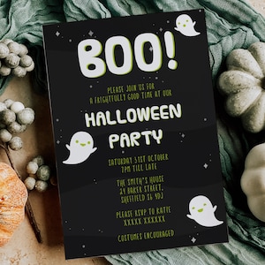 Uitnodiging voor Halloween-feest, bewerkbare uitnodiging Instant Download 5 x 7 Halloween Kids Party, Spooky zwart en groen Halloween uitnodigen