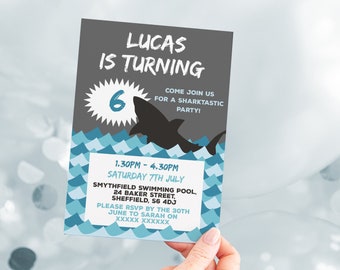 Shark Birthday Invitation, Editable Invitation Instant Download 5 x 7 Swimming Party Invitation, Boys Shark Swimming Pool Party