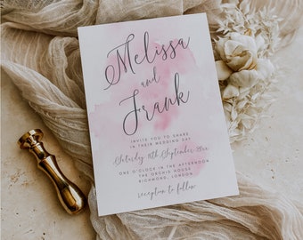 May include: Wedding invitation with a watercolor background in shades of pink. The invitation reads "Melissa and Frank" with the date "Saturday 10th September 20xx" and the time "One o'clock in the afternoon". The location is "The Orchid House, Richmond, London".