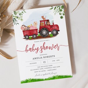 Watercolour Red Barnyard Baby Shower Invitation, Editable Template Instant Download 5 x 7&quot;  Red Farm Baby Shower Invitation