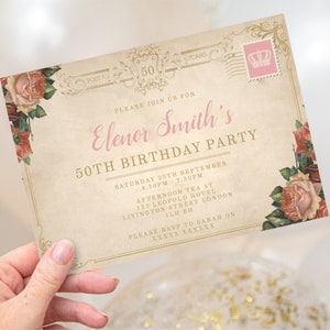 Vintage Rose Postcard Birthday Party Invitation *ANY AGE* digital invite, Editable Template Download