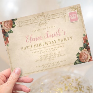 Vintage Rose Postkarte Geburtstagsparty Einladung * ANY AGE * digitale Einladung, bearbeitbare Vorlage zum Herunterladen