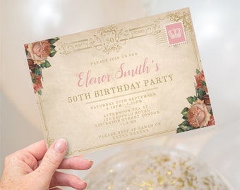 Invitación de fiesta de cumpleaños de postal rosa vintage *CUALQUIER EDAD* invitación digital, descarga de plantilla editable
