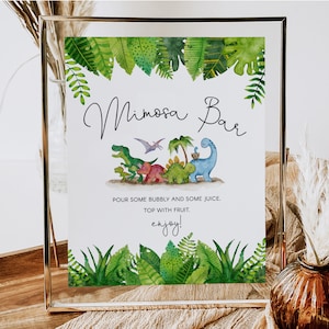 Dinosaurier bearbeitbare Baby-Dusche-Mimosa-Bar-Zeichen, Aquarell-Dinosaurier-Baby-Dusche-Bar-Zeichenvorlage, Baby-Dusche-Mimosa-Trinkschild, BS3001