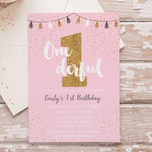 Girls 1st Birthday Invitation: Pink & Gold Glitter (Editable, Instant Download)