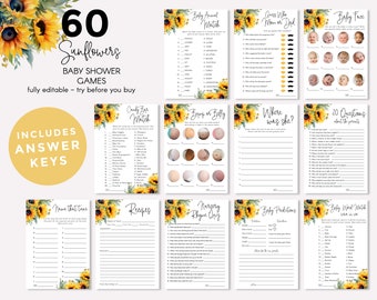 Sunflower Baby Shower Game Bundle: 60+ Watercolor Party Games (Editable, 5x7)