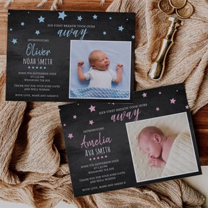 Novo cartão de anúncio de nascimento de bebê, modelo editável Download instantâneo 5 x 7 Novo anúncio de nascimento de bebê Obrigado, menino, menina