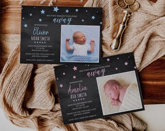 Falling Stars Baby Birth Announcement Card: Editable Template (Digital Download)